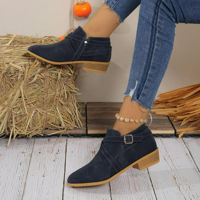 Hinvhai Women's Ankle Boots Low Chunky Stacked Heel Comfortable Round Toe Booties  Navy 9(42) - Walmart.com