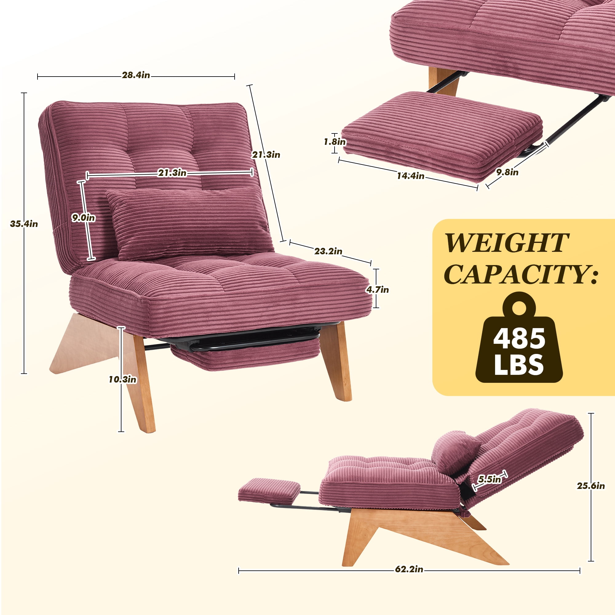 MOONMISS Modern Adjustable Lounge Chair with Footrest,Wooden Base Upholstered Recliner for Reading Rest Corduroy