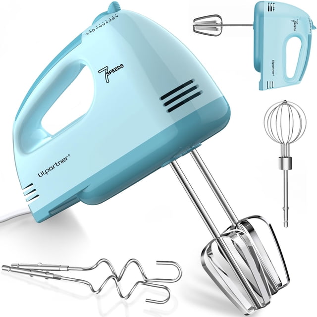 LILPARTNER Hand Mixer Electric, Small Food Mixer 7 Speeds Handheld Blender, 304 *(1* Whisk, 2* Beater, 2*Dough Hook) Kitchen Blender for Cream, Cookies, Dishwasher Safe, Blue