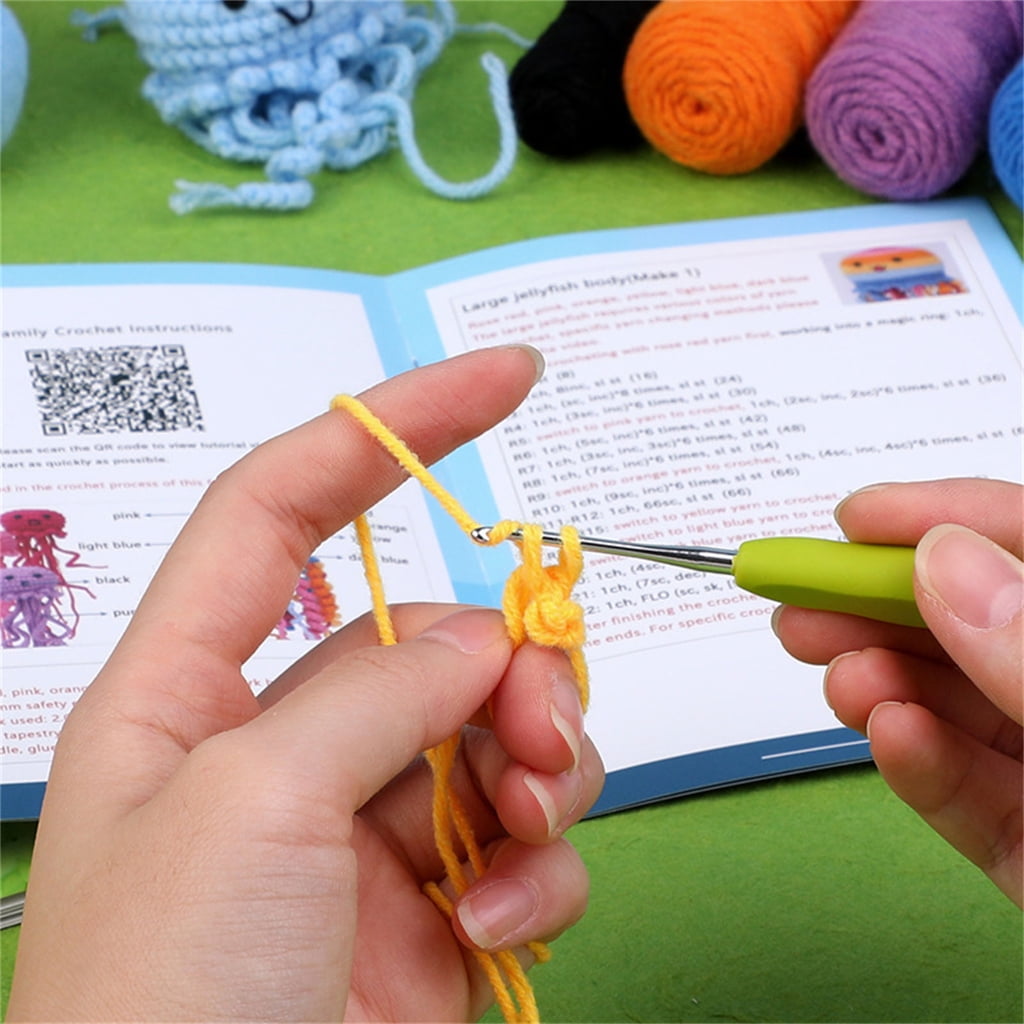 DIY Crochet Starter, DIY Jellyfish Crochet Kits Including Crochet Hook, Yarns, Needle, Plastic Eyes, Needle Threader