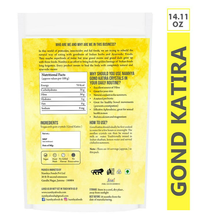NAMHYA Premium Gond Katira (Edible Gum) Pure Organic 100% Natural  Tragacanth Crystals, 14.11 oz