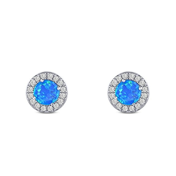 8.2mm Halo Art Deco Stud Earring CZ Created Blue Opal Solid 925 Sterling Silver