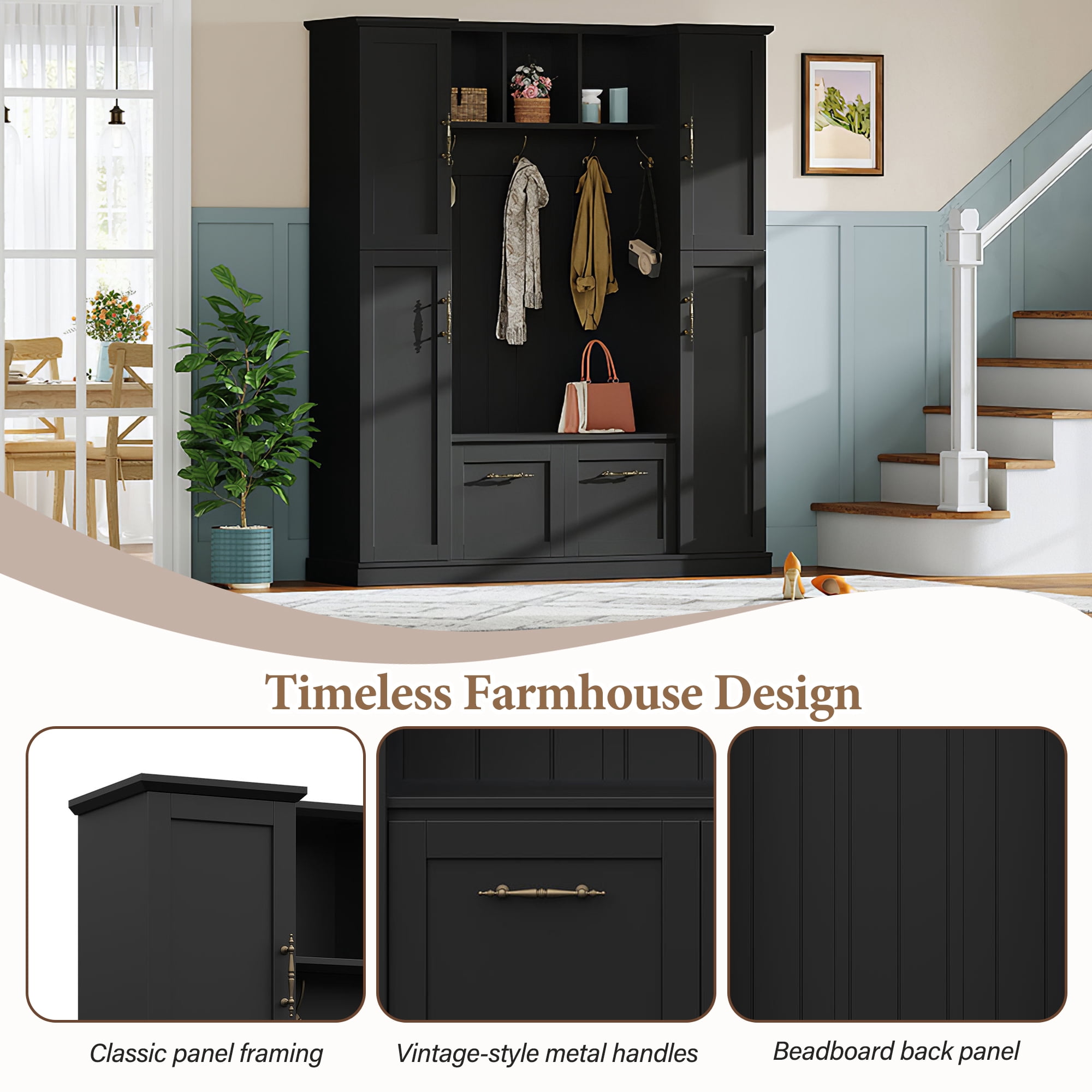 Aukfa 3-in-1 Large Hall Tree with Storage Bench, Mudroom Entryway Bench with 4 Side Cabinets & 5 Hooks,Black