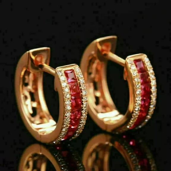 Womens Hoop Huggie Earrings 14K Yellow Gold Plated 925 Silver 2CT Brilliant Round & Princess Cut Red Ruby & Diamond