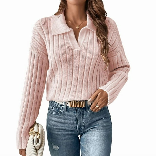 Suéteres de Punto para Mujer, Suéteres de Larga con Cuello en V, Camisetas Casuales, Conjuntos de Moda de Otoño Rosa M