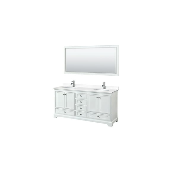 72" Double Vanity Set - White Marble Countertop & Sinks - 70" Mirror Included