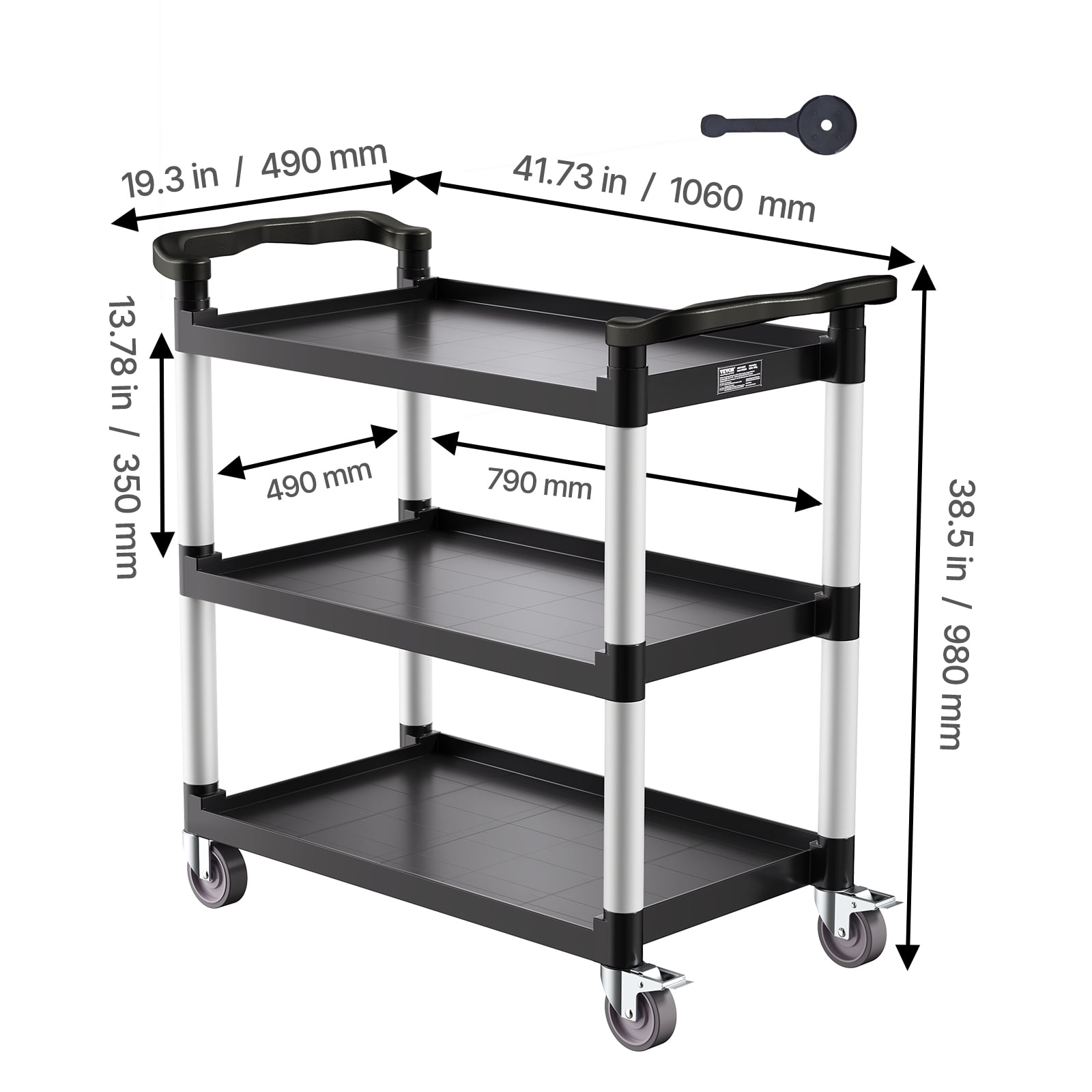 VEVOR Utility Cart, 330 lbs Load Capacity, 3-tier Utility Plastic Cart with 360° Swivel Wheels (2 with Brakes), 31.1 x 19.3-inch Food Service Cart for Warehouse, Office, Home, Restaurant, Kitchen