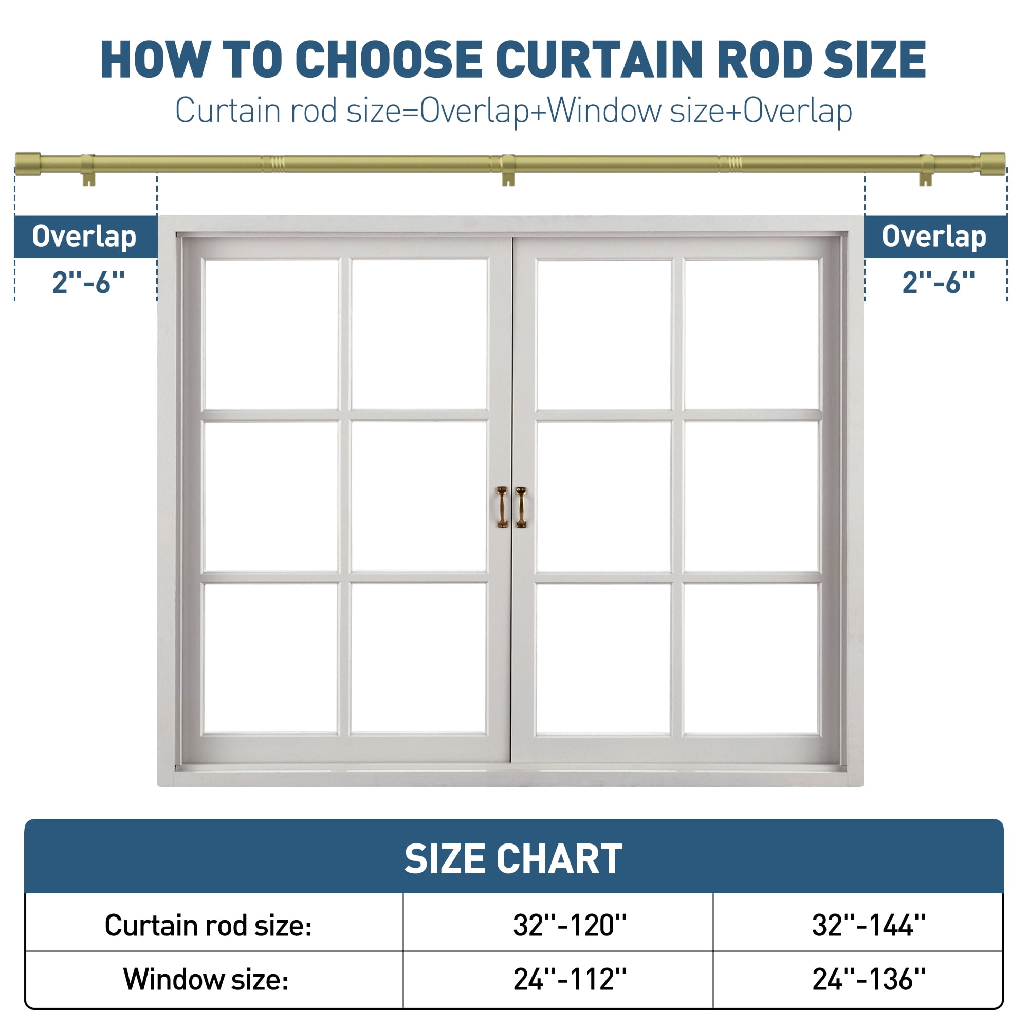 Gold Curtain Rods for Windows 48 to 144 inches, Adjustable Length Curtain Rod with Metal Finials, 1 inch Diameter Heavy Duty Drapery Rod for Modern Decor Bedroom Kitchen Living Room