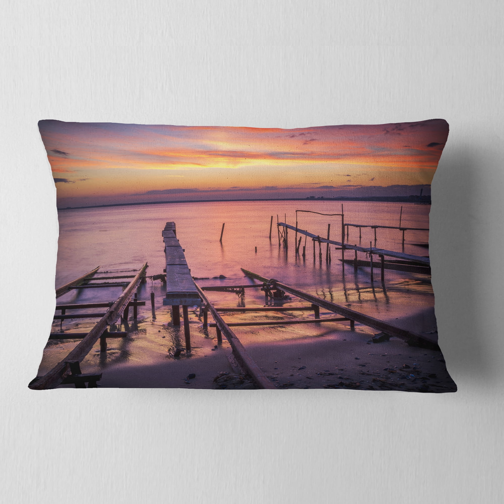 Designart Fishing Pier in Sea at Sunset - Seashore Throw Pillow - 12x20