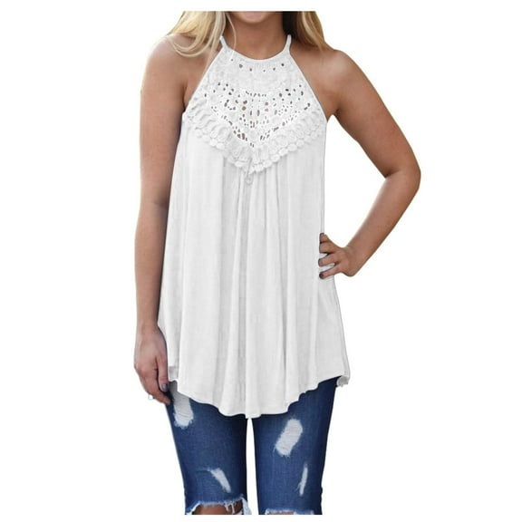 Ichuanyi Women's Summer Halter Spaghetti Strap Lace Hollow Flowy Tank Tops Cami Shirts Pleated Blouse T-Shirt Sleeveless Vest