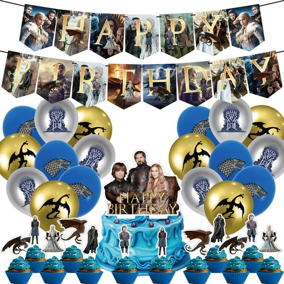 32 Pcs For Game of Thrones Theme Birthday Party Decorations Set with 12 Cupcake Toppers,1 Happy Birthday banner,1 Cake Topper,18 Balloons,All-in-One Celebration Kit