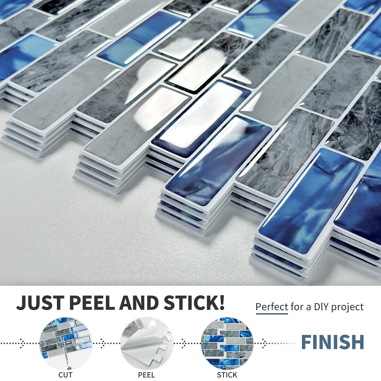 DEWOO Blue Peel and Stick Tile Backsplash, 3D Adhesive Peel and Stick Tile Backsplash for Kitchen, Bathroom, Wall Tile, 10-Sheet (12"x 12")