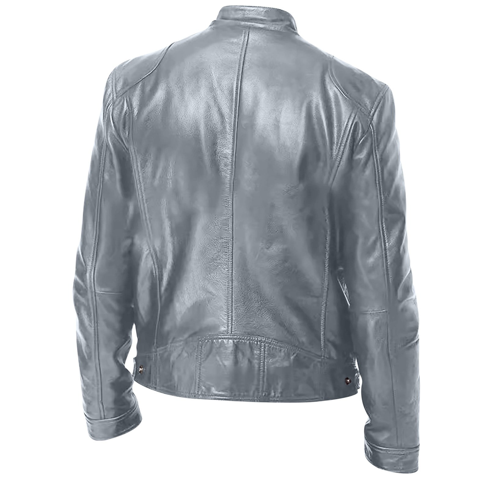 Men Leather Zip up Jacket, Stand Collar Motorcycle Jacket Long Sleeve Windproof Outwear Coat Gray XXL