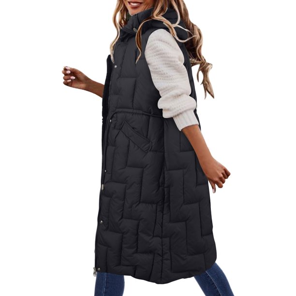 Gibobby Chaleco largo acolchado mujer, Chaleco largo de invierno para mujer, con cierre, ligero, acolchado, moderno, cálido, con capucha, ropa de chamarra(Negro,G)