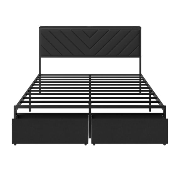 Charging Station Metal Platform Bed Frame with Upholstered Storage Headboard & Shelf, 2 Rolling Underbed Drawers, No Box Spring Needed, Easy Assembly - Queen, Black