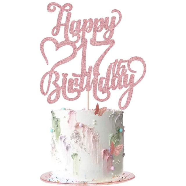 Topper para pastel AROKIPPRY con brillo rosa dorado, Feliz 17.º