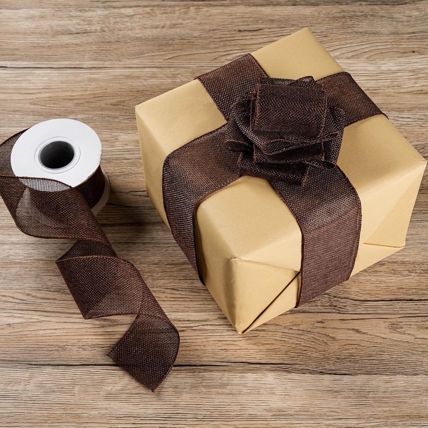 Dark Brown Burlap Ribbon 2-1/2 Inch, Solid Ribbon with Wired Edge for Big Bow, Wreath, Christmas Tree, Outdoor Decoration, Gift Wrapping, 20 Yards/Roll.