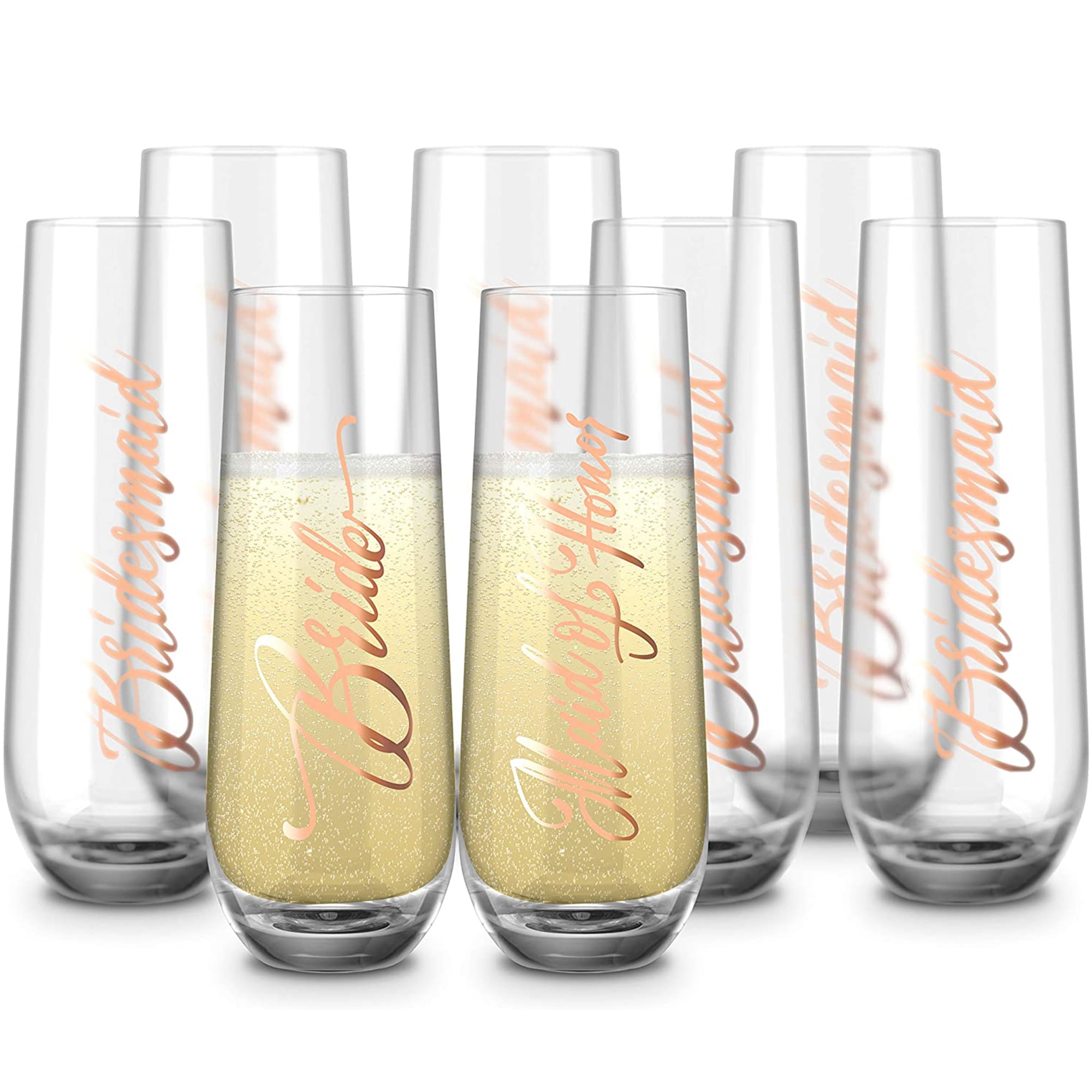 Kook 10.5 Oz Stemless Champagne Flutes Bar Glasses Set of 8, Fluted Glassware Set Bridal