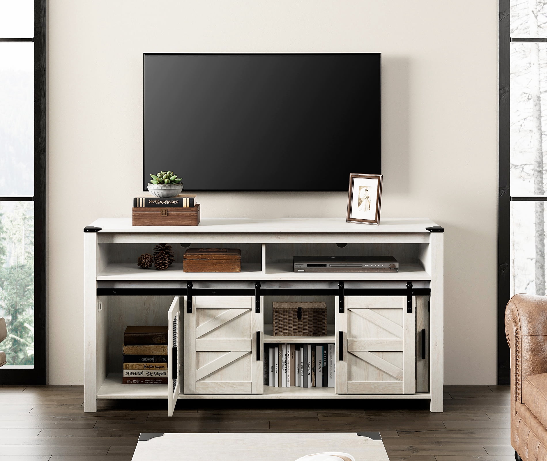 WAMPAT Farmhouse TV Stand with Two Barn Doors and Storage Cabinets for Televisions up to 65 Inch, Entertainment Center Console Table, Media Furniture for Living Room, Rustic White