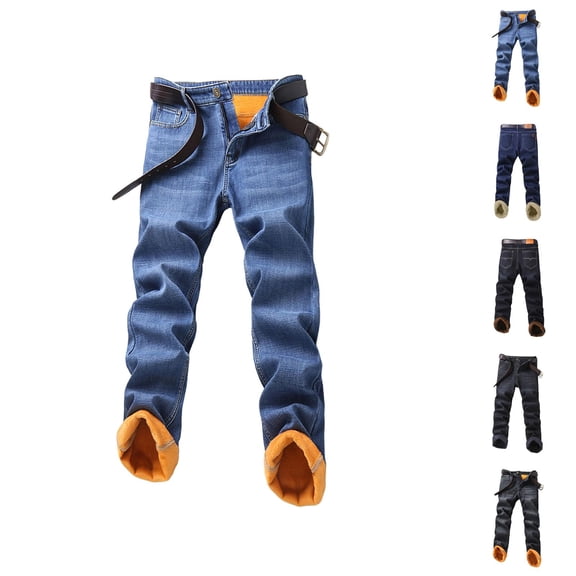 Mens Lined Jeans 2026 Fall Winter Warm Straight Leg Business Casual Denim Pants Jean Pants with Pockets Trousers