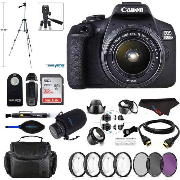 Canon EOS 2000D / Rebel T7 Digital SLR Camera w/ 1855MM DC III Zoom Lens (Black) + Pixi Pro