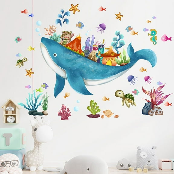Under The Sea Wall Stickers Whale wall decal Ocean Fish Whale Seaweed DIY Peel and Stick Wall Art Decals for Kids Bedroom Baby Nursery Bathroom