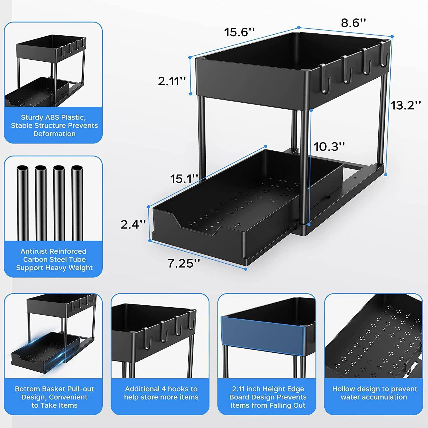 Goaxuzt Under Sink Organizer Storage with Sliding Drawer 2 Tier Cabinet Shelf for Bathroom Kitchen, Black