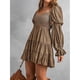thumbnail image 3 of Vestido de una línea con hombros descubiertos, cuello en V, manga larga, cintura, vestido estampado plisado adelgazante para mujer, color caqui L, 3 of 6