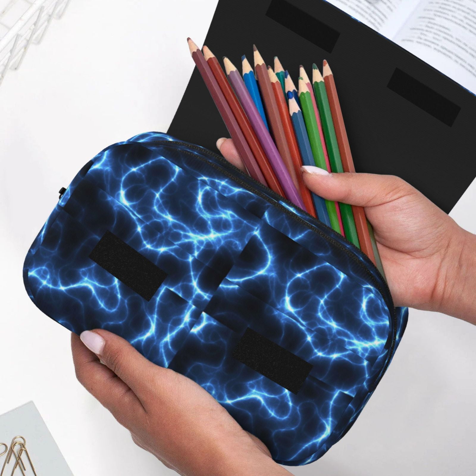Rateoe Blue Lightning Pattern Double Clamshell Pen Case, Storage Organizer with Two Zipper Compartments– Holds Up to 50 Pencils & Pens