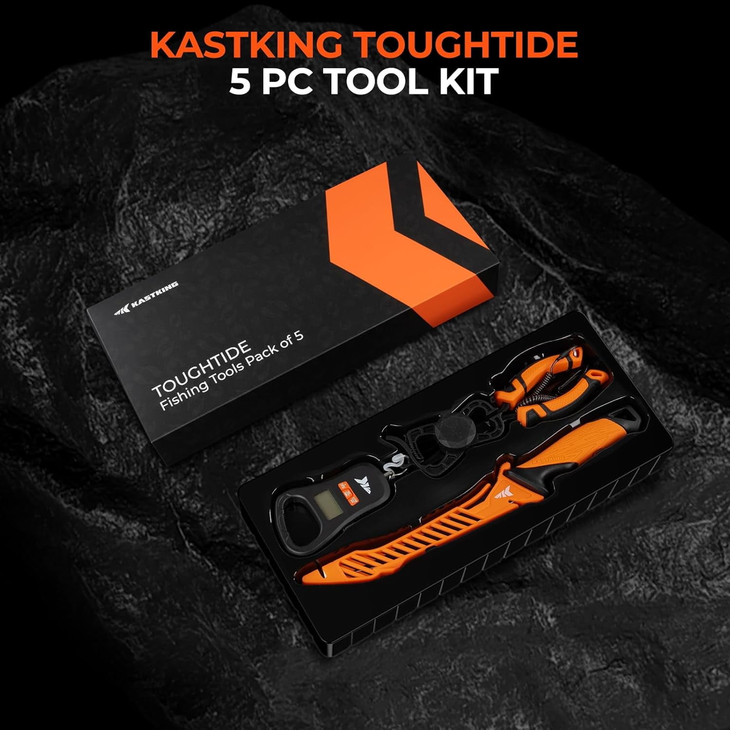 KastKing 5Pc Fishing Tool Kit with Digital Fish Scale, Lip Gripper & Tape Measure, 7" Fillet Knife and 8" Split Ring Pliers ToughTide