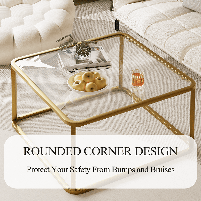 Coffee Table Glass, Minimalist Square Tables for Living Room, Modern Center Table for Office or Small Space, Tempered Glass, Sturdy Metal Frame, Easy Assembly, 26.4 x 26.4 x 15.7 Inches Gold