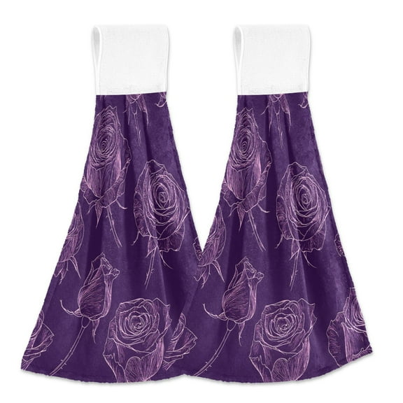 2 Pcs Kitchen Hand Towels with Hanging Loops Absorbent Soft Fast Drying Decor Bath Towels Purple Rose Line Art