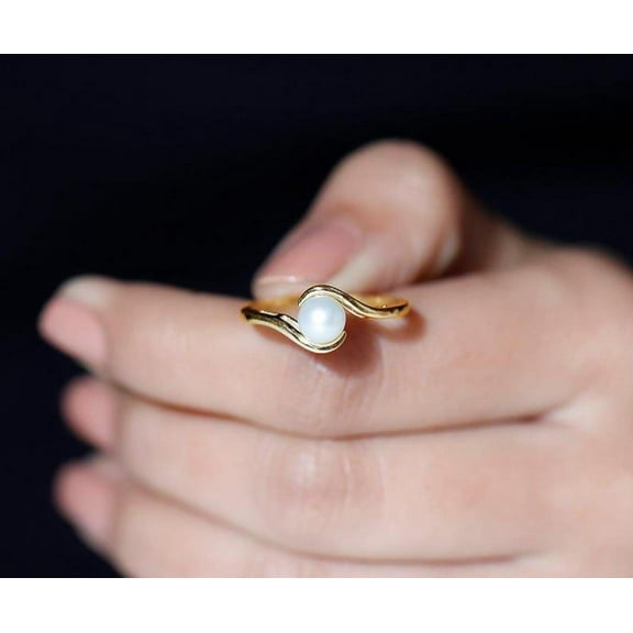 14k Pearl Ring, Solid Gold Plated Bypass Rings for Women, Freshwater Pearl Engagement Ring, Anniversary Gift Ring, June Birthstone Statement Ring