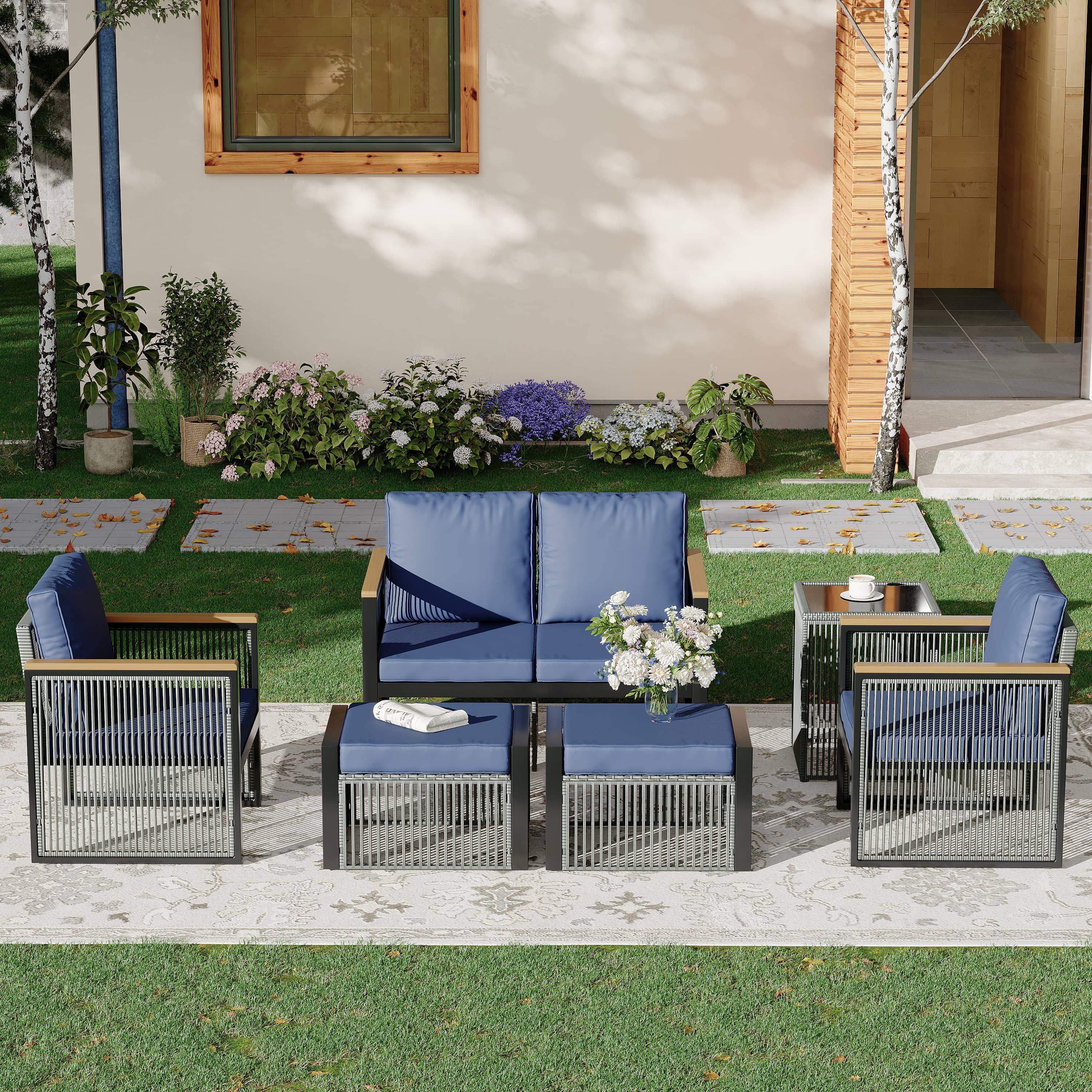 Vicluke Outdoor Patio Furniture Set with Ottomans, 6 Piece Patio Conversation Sets with Coffee Table, Patio Sectional Furniture Set for Porch, Balcony, Deck, Yard,Blue