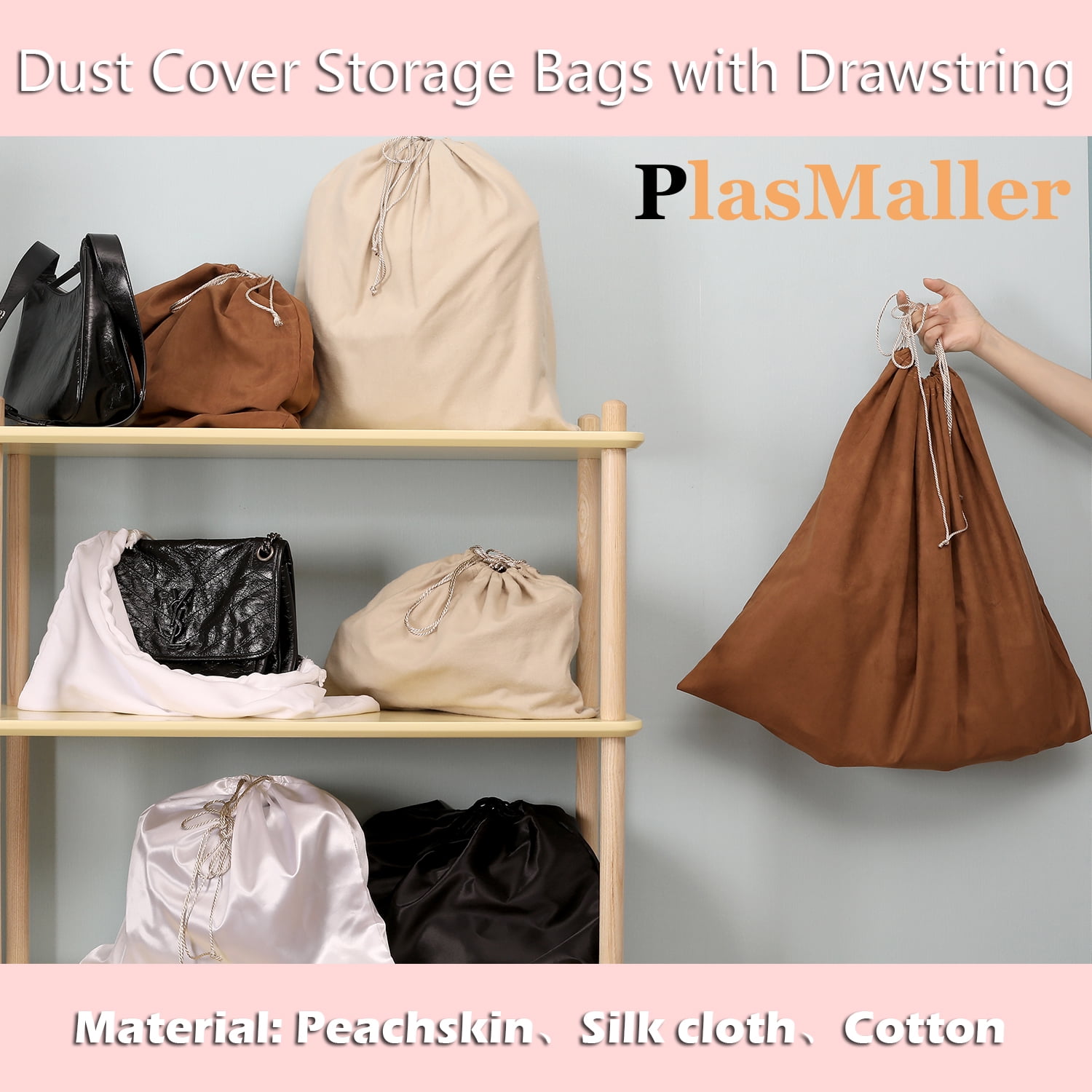 GONGKANGYUAN 6 Pack Dust Bags for Handbags Silk Dust Cover Bag for Handbags Purses Shoes Boots, Silk Dustproof Drawstring Bag Travel Storage Pouch (Black, 19.6 ×