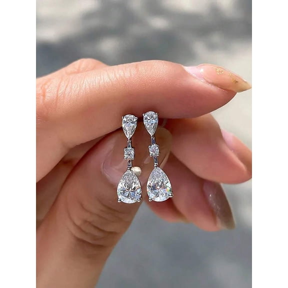 Cubic Zirconia Triple-Stone Teardrop Dangle Earrings Silver-4 Lever-Back