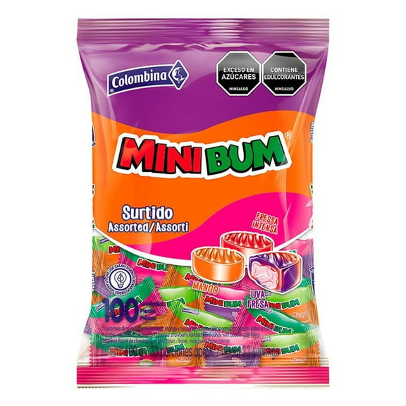 MINIBUM Assorted Hard Candy with Bubble Gum Center – 100 Units – 600g (21.16 oz) – Imported from Colombia