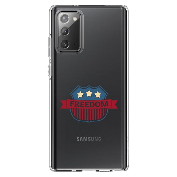 DistinctInk Clear Shockproof Hybrid Case for Samsung Galaxy Note 20 (6.7" Screen) - TPU Bumper Acrylic Back Tempered Glass Screen Protector - USA Freedom Badge Red White & Blue