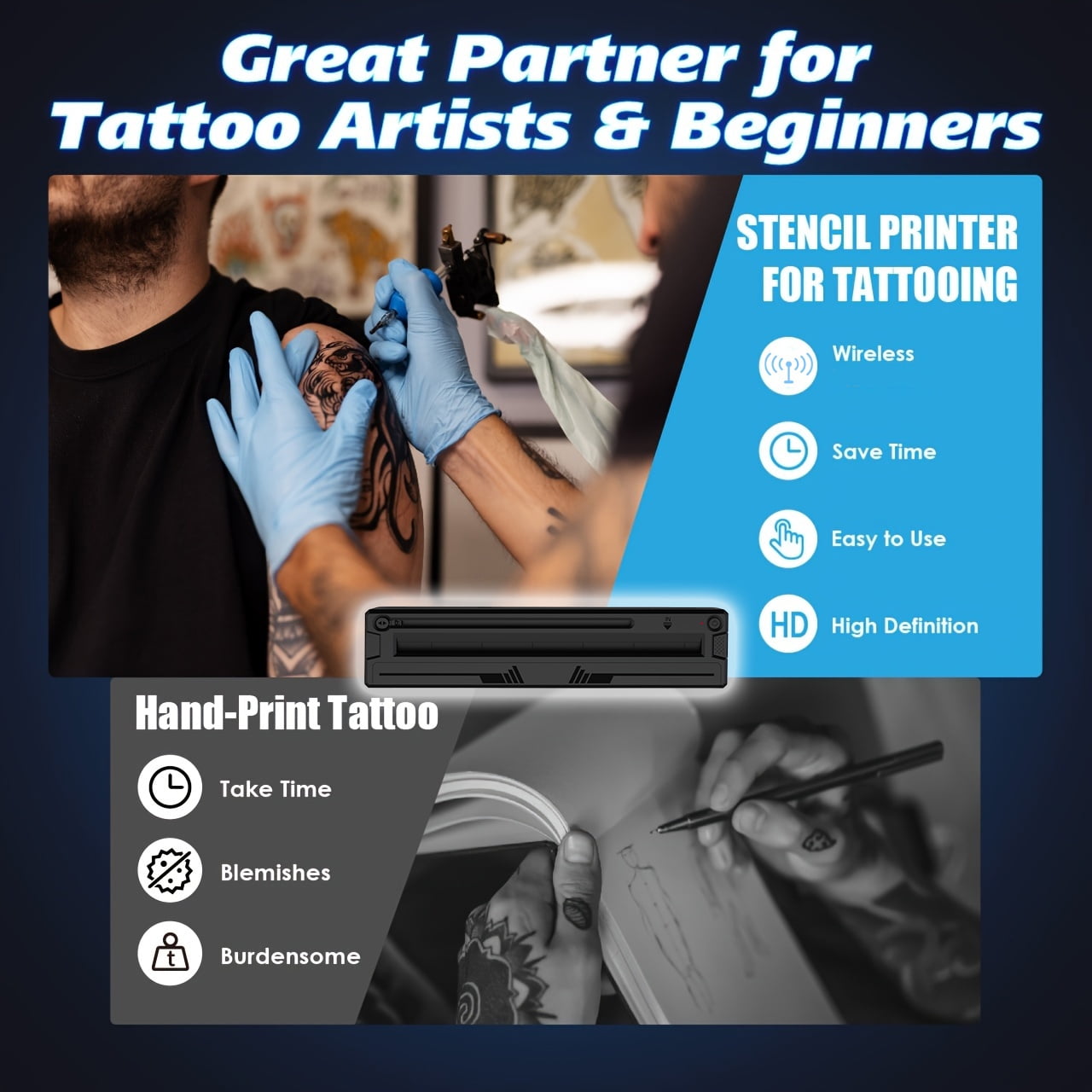Wireless Tattoo Stencil Printer & A4 Thermal Printer with App Custom, Print Realistic Portraits, 6 Transfer Papers Included and Six Sheets of Thermal Paper