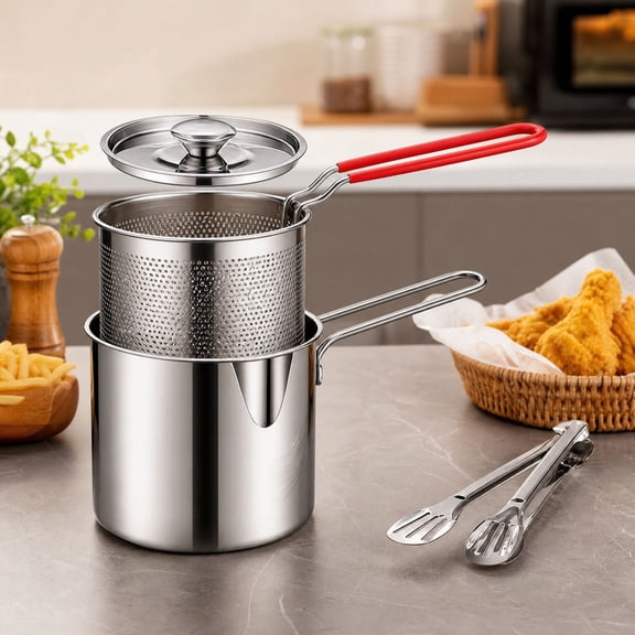 2026 New Deep Fryer Pot Set, 4-Piece 304 Stainless Steel Fryer Deep with Basket & Strainer for Kitchen, Frying, Cooking