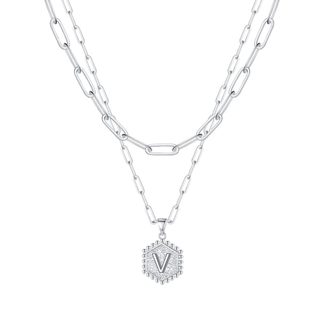 Kcodviy 26 Collier Hexagone initial Bijoux pour Femmes pour Femmes Colliers pour Colliers Courts pour Femmes A Z 26 Colliers Superposables pour Femmes Alphabet initial Colliers Argentés pour Femmes