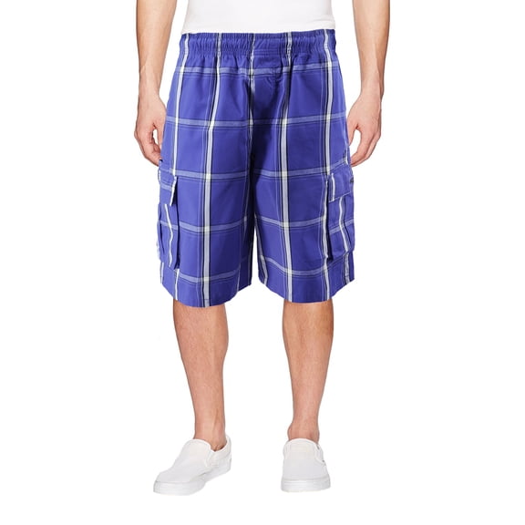 Men's Casual Lightweight Plaid Check Multi Pocket Elastic Waist Cargo Shorts (Royal, L(34))