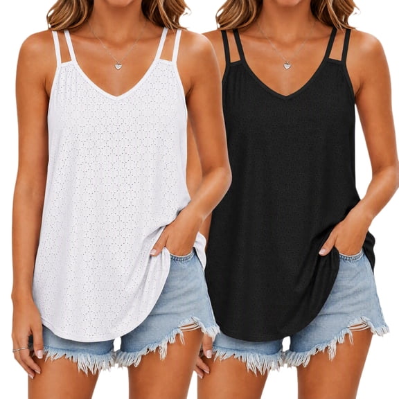 2 Packs Tank Tops for Women Sleeveless Summer Tops V-Neck Double Spaghetti Strap Eyelet Casual Camisole Shirts for Daily