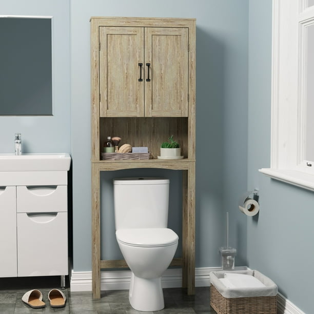 Bathroom Wall Over the Toilet Space Saver, with 3Wood Shelves and 2Glass