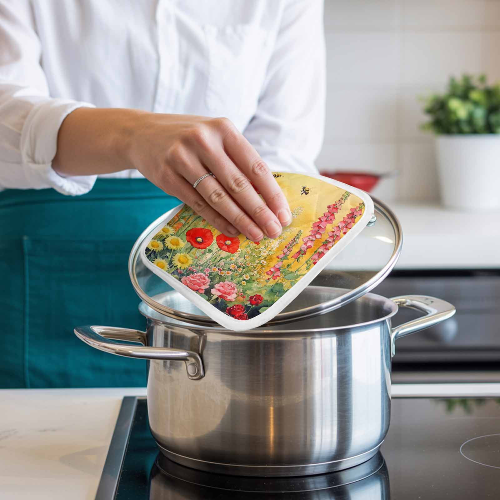 Poppy Botanical Pot Holders for Kitchen Heatproof Potholder, 5 Pack Vintage Floral Yellow Ombre Hot Pads Multipurpose Oven Pads Cloth Potholders Trivet for Cooking Baking