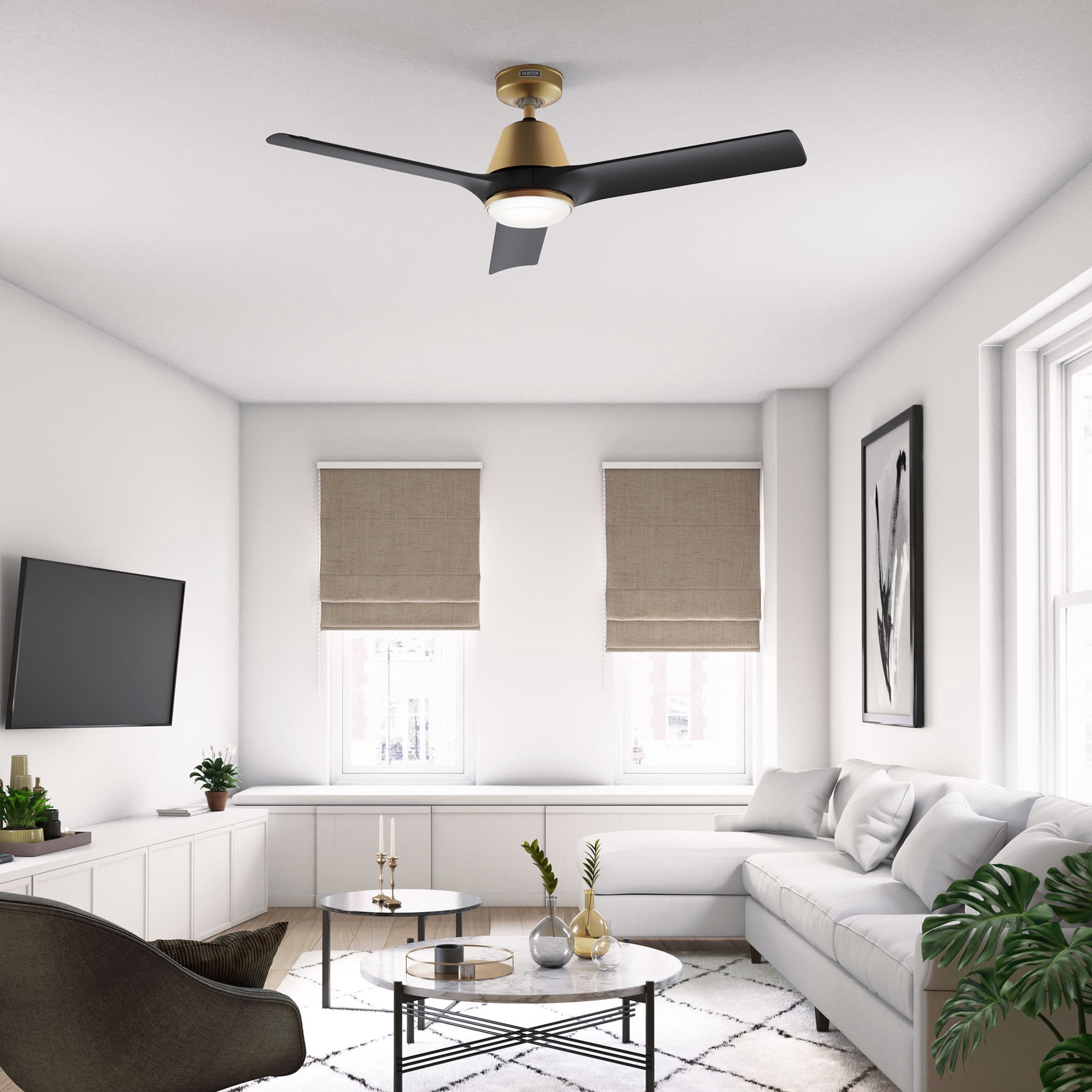 Hunter 52 inch Aeronaut Wi-Fi ENERGY STAR® Luxe Gold Damp Rated Ceiling Fan with LED Light Kit and Handheld Remote