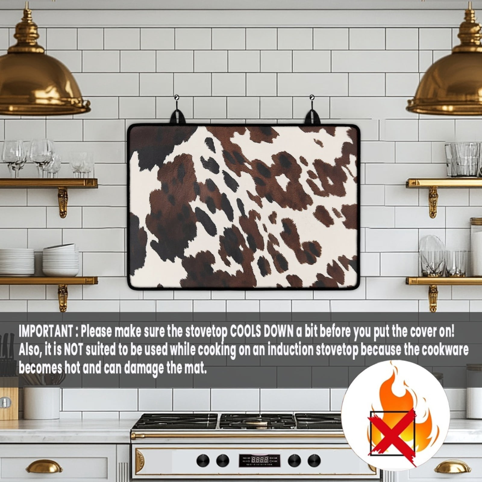 Renewold Electric Stove Top Cover for Stove Top, Induction Electric Stove Protector Non-slip Glass Cooktop Cover Range Cover Multipurpose Flat Top Stove Mat, Brown Black Cow Print
