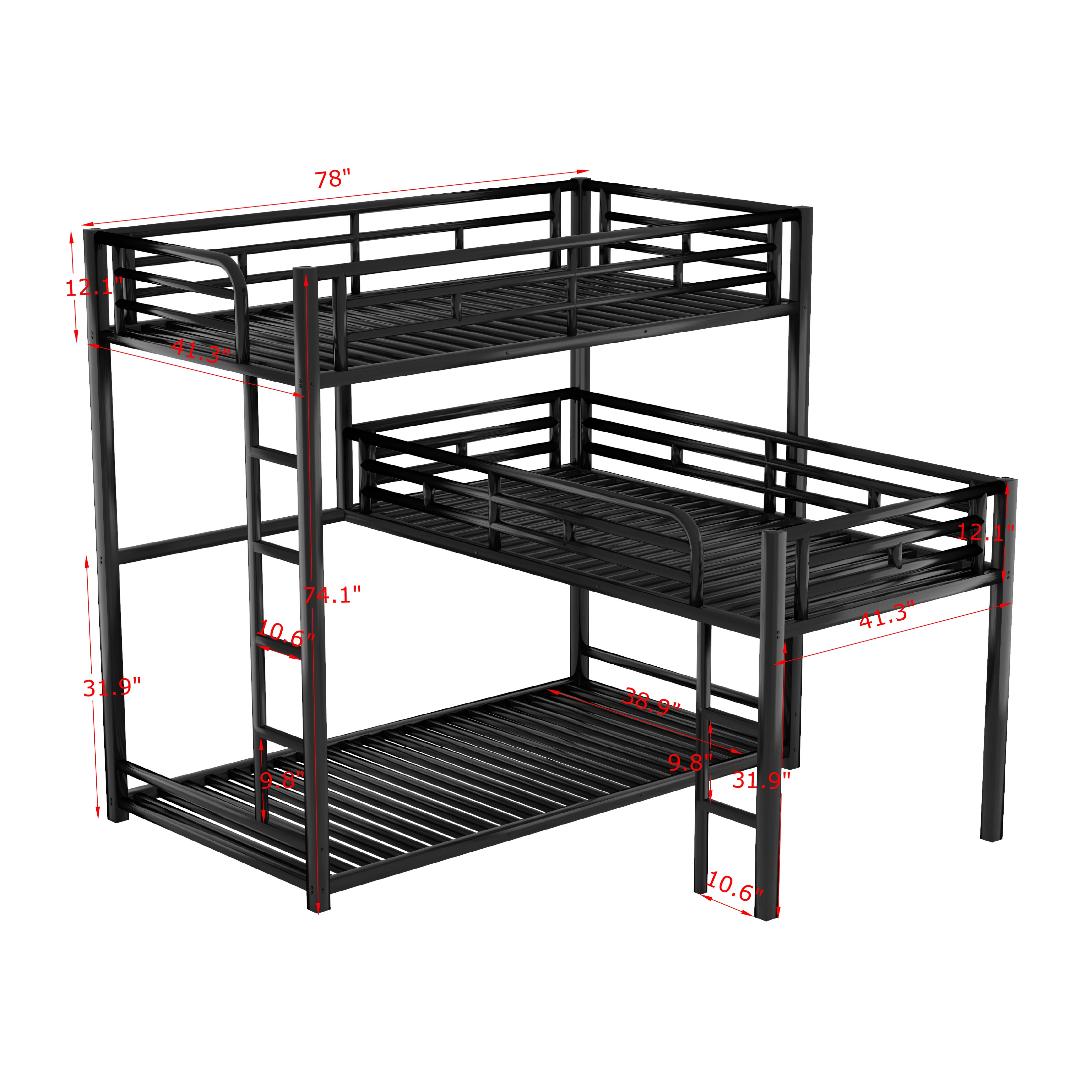 L-shaped Metal Triple Twin Size Bunk Bed, Black - Walmart.com