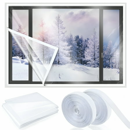 LAMIRO Window Insulation Film Winter Windproof Thermal Plastic Curtain Kit Cuttable Transparent Film with Adhesive Straps Reusable