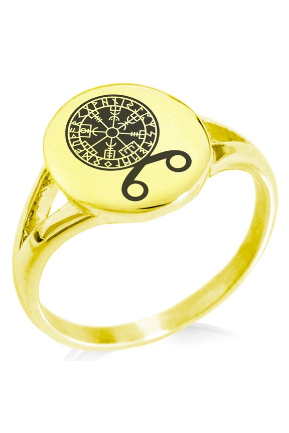 Stainless Steel Binding Vegvisir Troll Cross Runic Viking Minimalist Oval Top Polished Statement Signet Ring